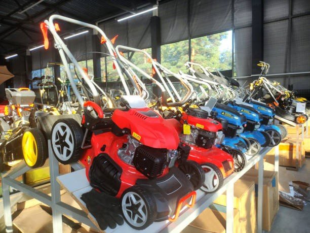 Sale of modern petrol mowers in a petrol equipment store against the background of a window, indoors